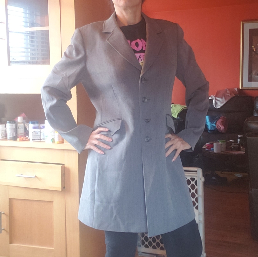 Vtg Tahari Grey Longline trench Jacket blazer dress 14